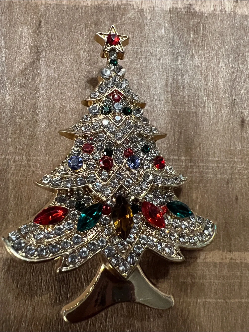 3/$18 Gold-Tone Crystal Christmas Tree Brooch with Red & Green Accents Lot 6051